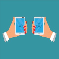 female hand holding mobile phone, badge blocked and unblocking. illustration vector cartoon