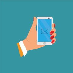 icon, female hand holds the phone screen flashing envelope the message came in. vector illustration of cartoon