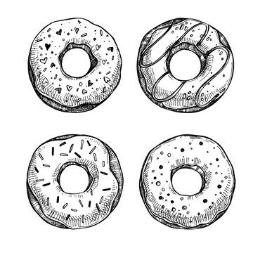 Hand drawn vector illustration - Set of tasty donuts. Sketch. Sw