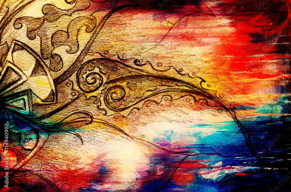 Poster color drawing of ornamental flower structure. original hand drawn and computer collage. color struct