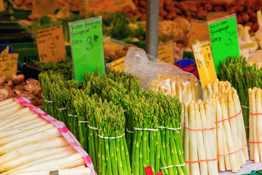 Fresh asparagus on market stand