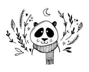 Hand drawn vector illustration - cute panda with floral elements