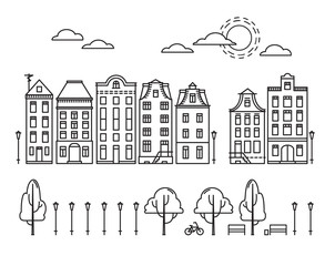 Fototapeta premium Vector illustration - City in linear style with trees and clouds