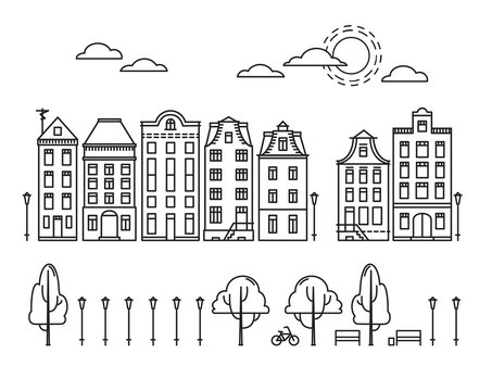 Vector illustration - City in linear style with trees and clouds