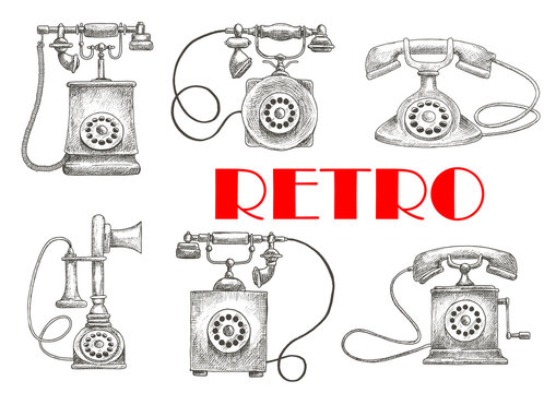 Vintage sketched rotary dial telephones symbols