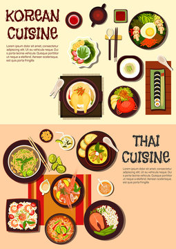 Exotic oriental dishes of korean and thai cuisine