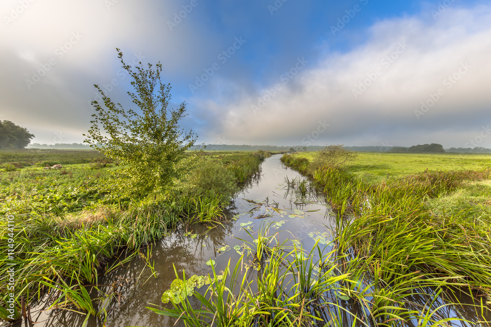 Poster river landscape fast travelling clouds