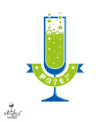 Simple vector champagne party goblet with bubbles and festive ri