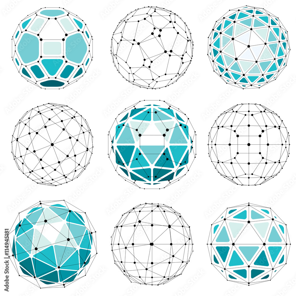 Poster 3d vector digital wireframe spherical objects made using differe
