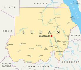 Sudan political map with capital Khartoum, national borders, important cities, rivers and lakes. Illustration with English labeling and scaling. - obrazy, fototapety, plakaty