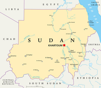 Sudan political map with capital Khartoum, national borders, important cities, rivers and lakes. Illustration with English labeling and scaling.