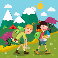Obraz na płótnie Canvas Happy Couple Hiking on the Mountains. Active People. Vector illustration