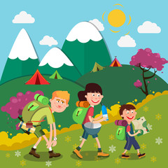 Obraz na płótnie Canvas Happy Family Hiking on the Mountains. Family Weekend. Vector illustration