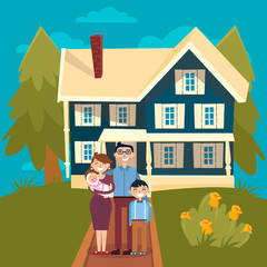 Obraz na płótnie Canvas Happy Family with Newborn Baby Standing Near New House. Vector illustration