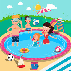 Happy Family in Swimming Pool. Smiling Parents and Children Having Fun on Summer Vacation. Vector illustration