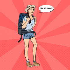 Young Woman with Backpack. Female Tourist Backpacker. Pop Art. Vector illustration