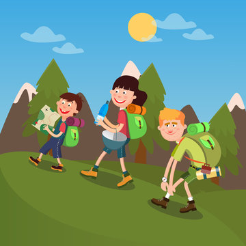 Happy Family Hiking on the Mountains. Family Weekend. Vector illustration