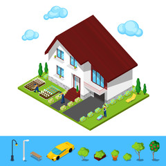 Modern Cottage House with Green Yard and Gardeners. Isometric Building. Vector illustration
