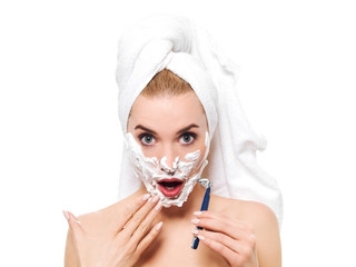 Young woman have morning shave