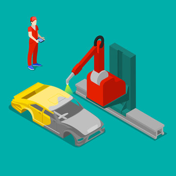 Robot Painting Car Body in Automobile Factory. Isometric Transportation. Vector illustration