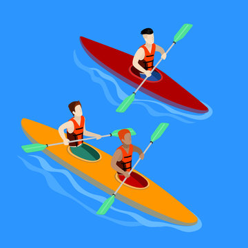 Couple Paddling in Kayak. Kayak Isolated Isometric vector
