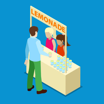 Two Girls in Outdoor Homemade Lemonade Stand. Isometric People. Vector illustration