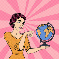 Young Woman with Globe Choosing Place for Travel. Pop Art. Vector illustration