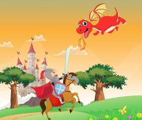 illustration of brave knight fighting with a dragon