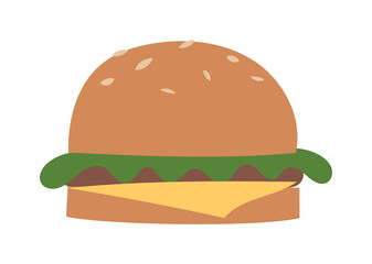 Big hamburger on white background and burger vector illustration. Grilled sandwich burger with cheese and snack big burger american cheeseburger delicious cuisine. Classic tasty restaurant fast food.