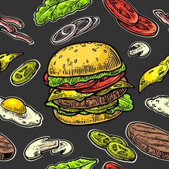Seamless pattern burger and ingredients include cutlet, tomato, cucumber and salad