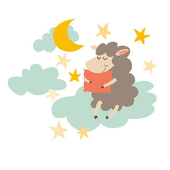 Obraz na płótnie Canvas Sleeping sheep with pillow on night sky. Sweet dreams. Cartoon happy lamb,moon, star for baby. Vector illustration on white background. Flat sticker