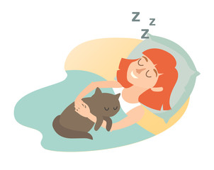 Sleeping girl with cat. Cartoon happy woman. Sweet dreams. Sleeping girl icon. Sleep at home, sleeping cat. Vector illustration on white background. Flat sticker