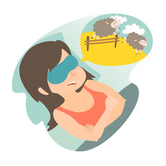 Girl with counting sheep. Stress, problem of sleep, insomnia concept. Cartoon woman in bad. Sheep jumping over the fence. Vector illustration on white background. Flat sticker.