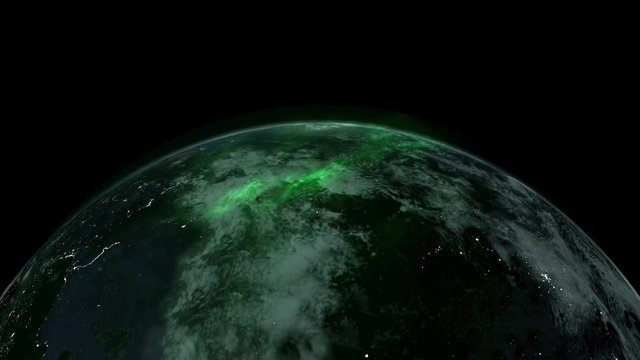 Aurora borealis from space. Satellite view of aurora borealis over earth and sun in the horizon.