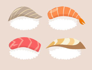 Sushi set vector. Sushi with tuna and shrimp sushi. Sushi with salmon, red fish and nori sushi with acne fish. Sushi cartoon style icon. Sushi isolated on white background Shrimp sushi. Vector sushi