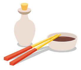 Chopsticks and soy sauce bottle. Soy sauce icon. Chinese food symbol, isolated on white background. Hand draw style chopsticks