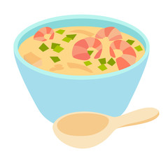 Tom Yam Kung spicy soup/Tom kha kai on ceramic bowl with spoon/Chicken and galangal in coconut milk soup/Thai food cartoon style/National thai food soup with shrimp. Isolated vector, white background