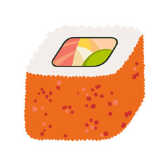 Sushi roll with capelin roe, japanese food. Sushi roll cartoon style icon. Sushi isolated on white background. Vector cartoon sushi. Best sushi roll with capelin roe. Hand draw style sushi roll