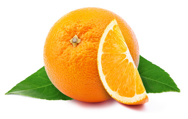 Perfectly retouched orange with slice isolated on white background whith clipping path