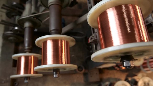 Production of copper wire. Close up