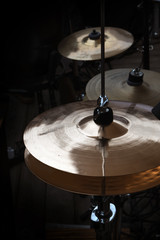 hi-hat and cymbals on stage, percussion musical instruments
