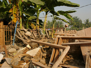 Java, Indonesia - June 19, 2006: Village houses destroyed by the May 29 2006 Yogyakarta earthquake...