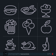 Nine food and drink icons, special drawings by single line.  Design for logo, menu carte, sign board, bag, ads, etc. Flat vector on separated background.