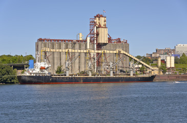 A cargo ship on the Willamette river Portland Oregon.