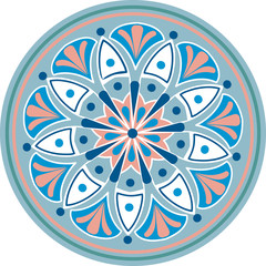 Drawing of a floral mandala in blue, pink and white colors on a white background