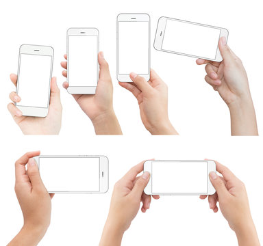hand holding white phone isolated with clipping path on white ba