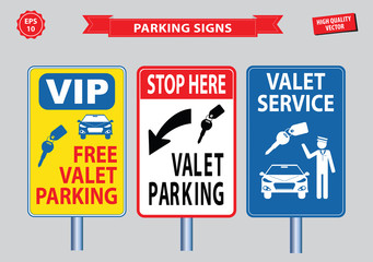 Valet Parking signs (valet parking only, free valet parking, valet service, vip, unauthorized vehicles towed away). easy to modify