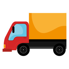 Yellow and red Cargo truck isolated icon on white background, vector illustration.