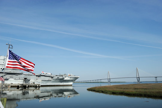 old aircraft carrier of world war two in Charleston near Charleston bridge