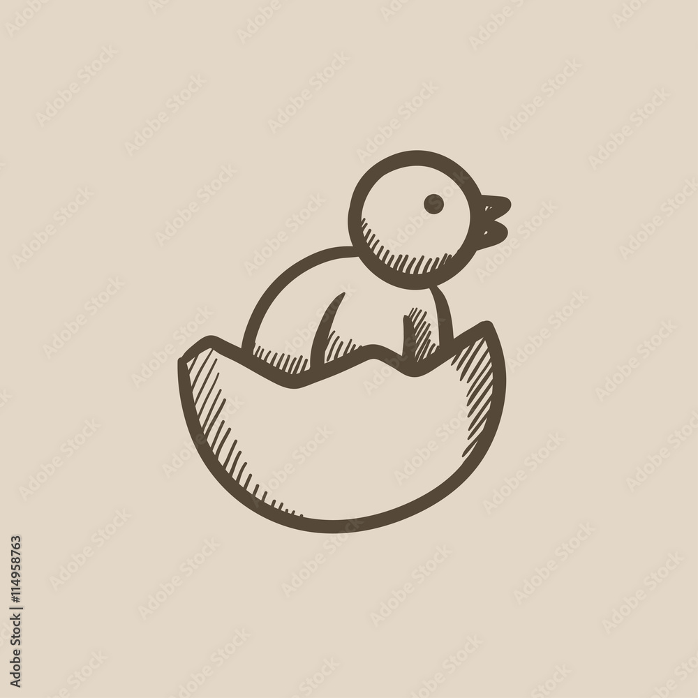 Poster chick peeking out of egg shell sketch icon.